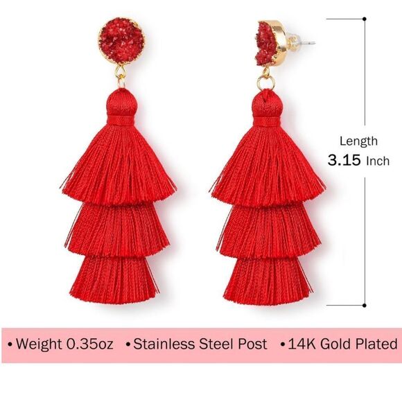 14K Yellow Gold with Blue Silk Thread Tassel and Quartz Druzy Post Drop Earrings - Picture 6 of 8